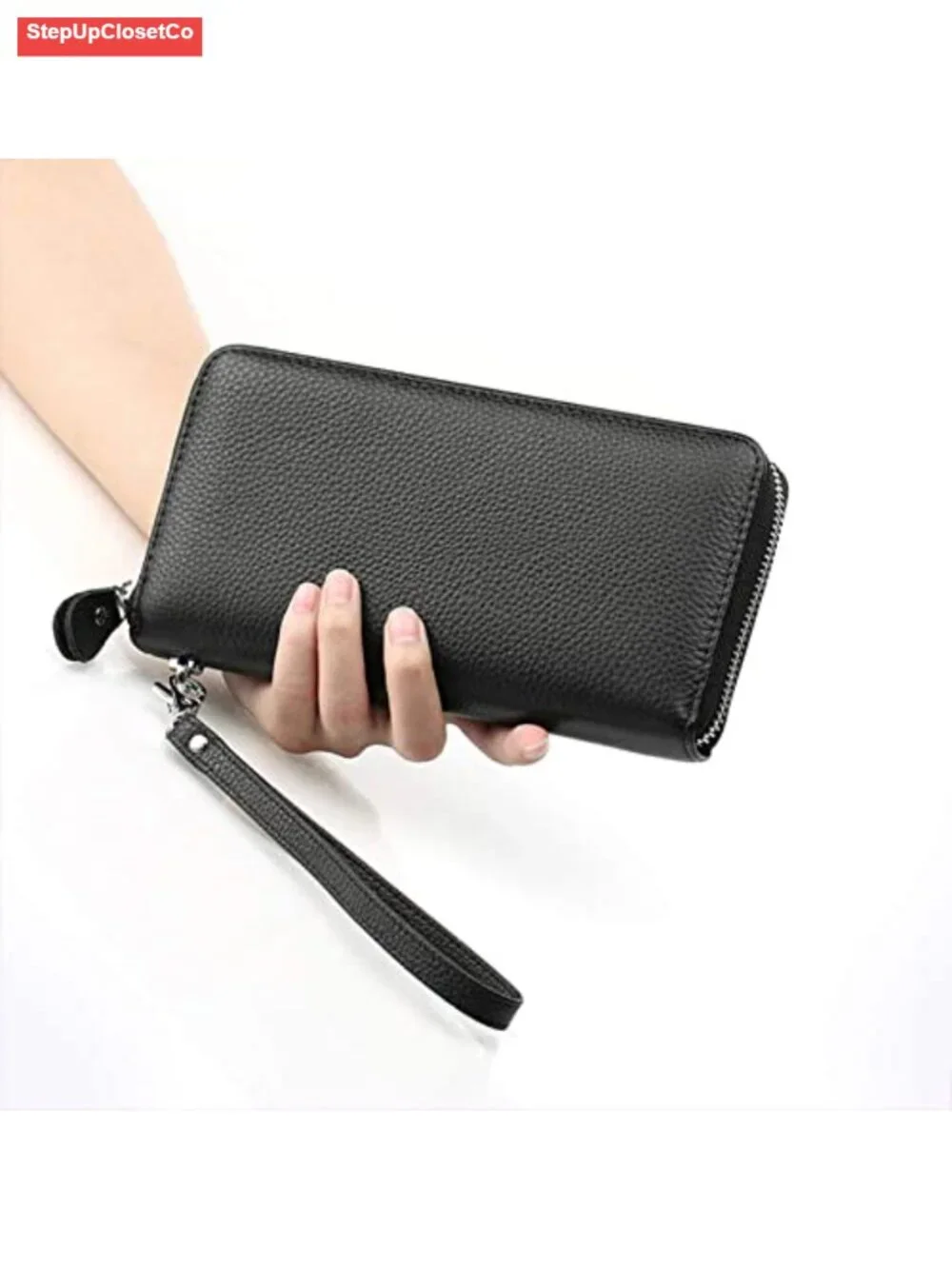 RFID Blocking Genuine Leather Zip Clutch Wristlet Wallet for Women